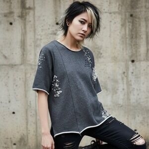 Vintage Square Zero Distressed Cotton Tunic‎ Sweatshirt Top L Y2K Indie Grunge